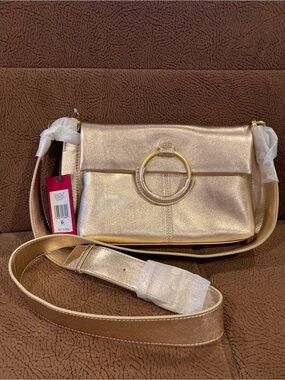 Vince Camuto Genuine Leather Metallic Gold Crossbody with Ring Accent